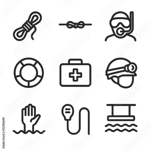 Cave Rescue Icons. Outline icon set of cave rescue and safety: safety line, guide rope, rescue diver, emergency buoy, first aid