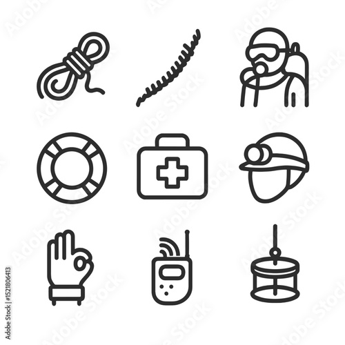 Cave Rescue Icons. Outline icon set of cave rescue and safety: safety line, guide rope, rescue diver, emergency buoy, first aid