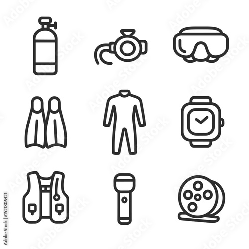 Cave Diving Essentials. Outline icon set of cave diving equipment: scuba tank, regulator, dive mask, fins, wetsuit, dive computer,