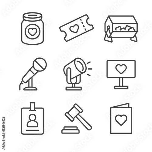 Charity Icons Grid. Outline icon set of charity fundraising events: donation jar, ticket stub, raffle drum, stage microphone,