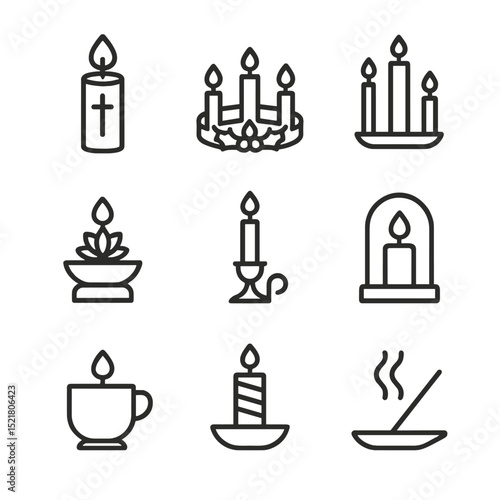 Ceremonial Candle Icons. Outline icon set of ritual and ceremonial candles: prayer candle, advent wreath candle, unity candle,