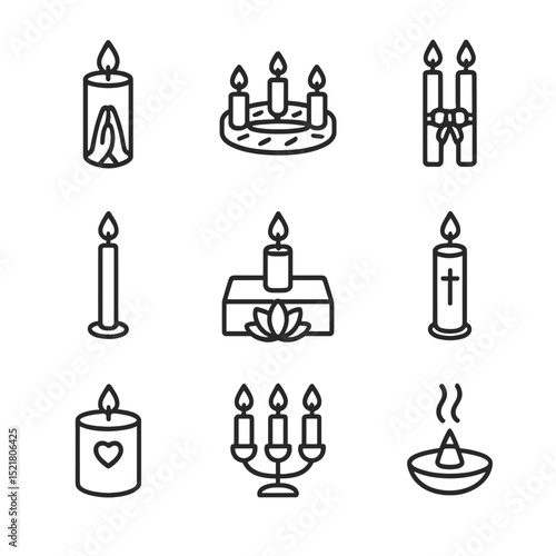 Ceremonial Candle Icons. Outline icon set of ritual and ceremonial candles: prayer candle, advent wreath candle, unity candle,