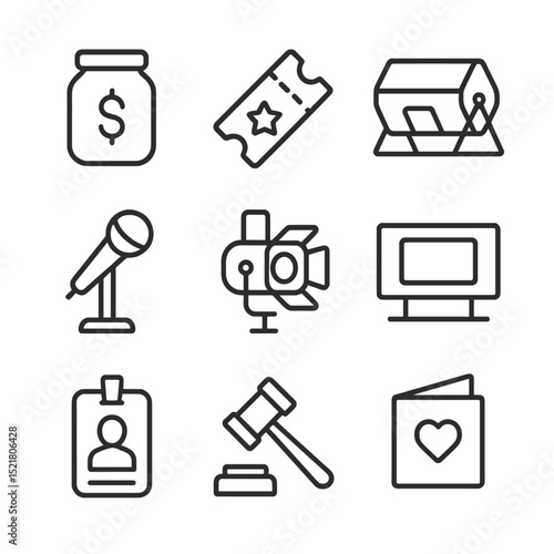 Charity Icons Grid. Outline icon set of charity fundraising events: donation jar, ticket stub, raffle drum, stage microphone,