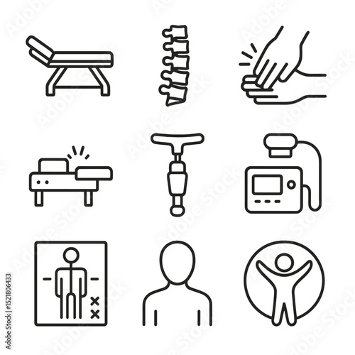 Chiropractic Icon Set. Outline icon set of chiropractic adjustment icons: adjustment table, spine illustration, hand thrust, drop