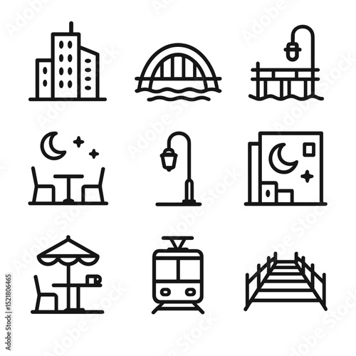 City Nightlife Icons. Outline icon set of city nightlife landmarks: skyscraper silhouette, bridge arch, waterfront pier, rooftop