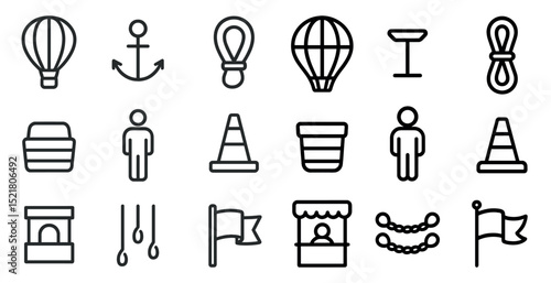 Minimalistic icon set featuring nautical, travel, and event symbols for design projects