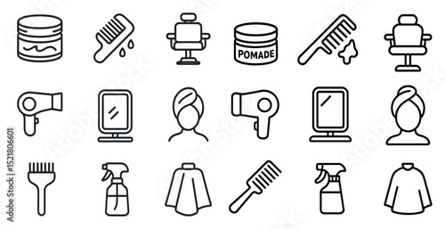 Hair salon essentials icon set for styling and grooming design projects