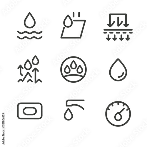 Absorbency Icon Set. Outline icon set of absorbency features: droplet absorption, quick-dry sheet, saturation test, capillary