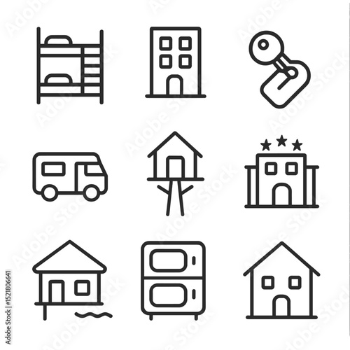 Accommodation Icons Set. Outline icon set of accommodation types: hostel bunk bed, serviced apartment, Airbnb key, camper van,