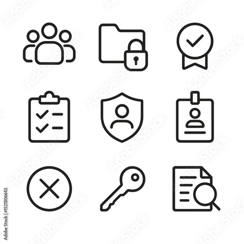 Access Control Icons. Outline icon set of access control and permissions: user group icon, lock on folder, role badge, permission