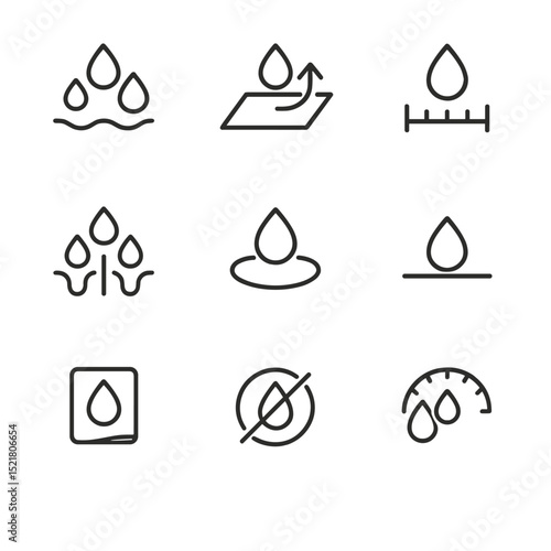 Absorbency Icon Set. Outline icon set of absorbency features: droplet absorption, quick-dry sheet, saturation test, capillary