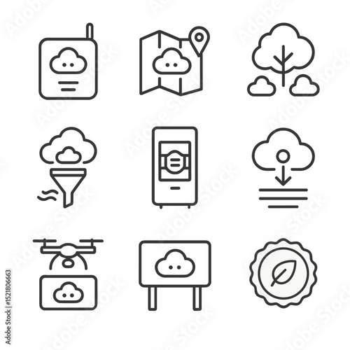 Air Quality Icon Set. Outline icon set of air quality monitoring: pollution sensor, smog map, green canopy, emission filter, mask