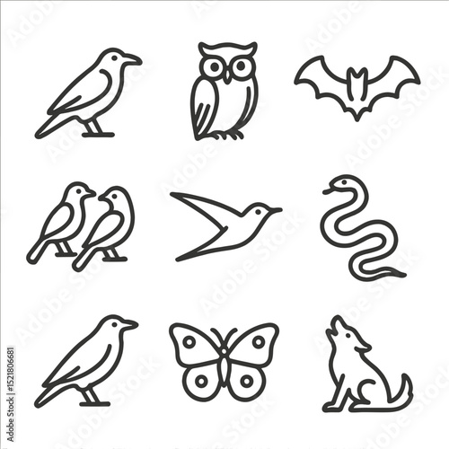 Animal Omen Icons. Outline icon set of animal omens: raven, owl, bat, magpie pair, swallow, snake, crow, butterfly landing, wolf