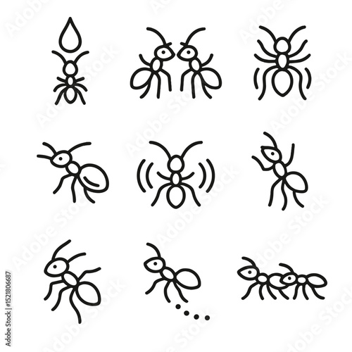 Ant Communication Icons. Outline icon set of ant communication: pheromone droplet, antennal tap, stridulation file, vibration