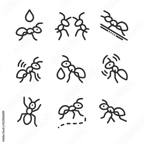 Ant Communication Icons. Outline icon set of ant communication: pheromone droplet, antennal tap, stridulation file, vibration