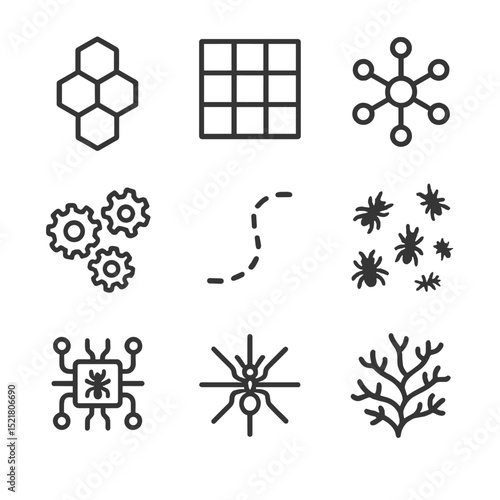 Ant-Inspired Icon Set. Outline icon set of ant-inspired design: honeycomb pattern, modular grid, network nodes, cooperative gears,