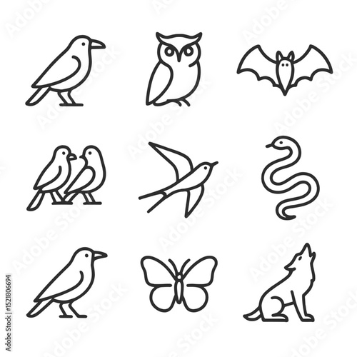Animal Omen Icons. Outline icon set of animal omens: raven, owl, bat, magpie pair, swallow, snake, crow, butterfly landing, wolf