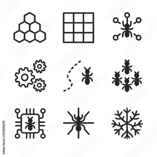 Ant-Inspired Icon Set. Outline icon set of ant-inspired design: honeycomb pattern, modular grid, network nodes, cooperative gears,