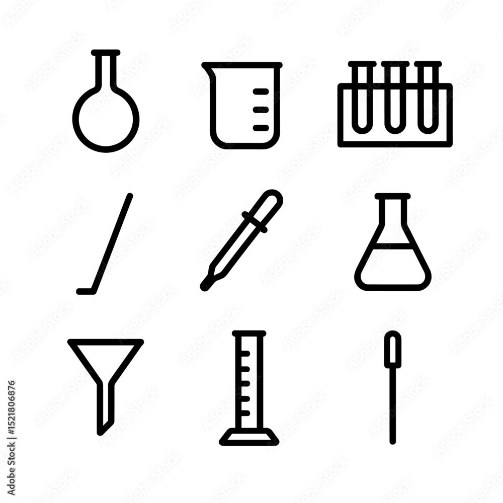 Obraz premium Chemistry Instruments Icons. Outline icon set of chemistry instruments: retort, beaker, test tube rack, stirrer, pipette,