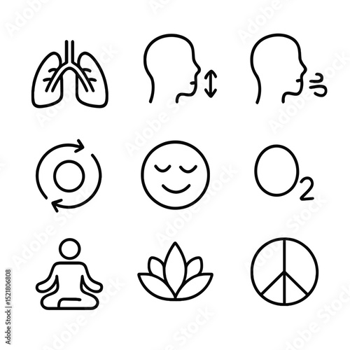 Breathing Icons Set. Outline icon set of controlled breathing: lungs, inhale, exhale, breath cycle, calm, oxygen, meditation,
