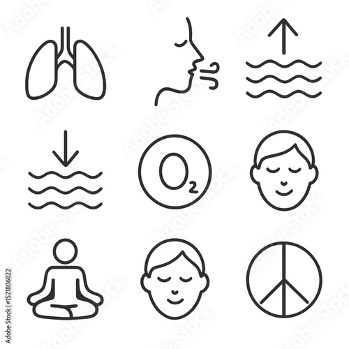 Breathing Icons Grid. Outline icon set of deep relaxation breathing: lungs, breath, inhale, exhale, oxygen, calm, meditation,