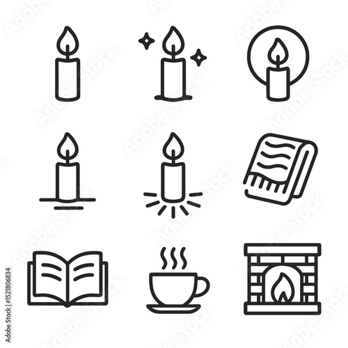Candlelight Ambiance Icons. Outline icon set of candlelight ambiance: glowing flame, flicker effect, glow halo, reflection, shadow