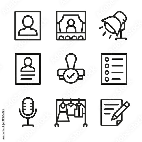 Casting Icons Set. Outline icon set of casting and talent discussion: headshot photo, audition stage, spotlight, resume sheet,