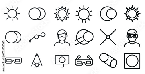Solar and lunar astronomy icons with eclipse and glasses illustrations