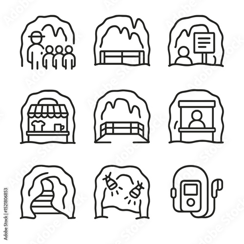 Cave Tourism Icons. Outline icon set of cave tourism attractions: guided group, safety rail, info board, souvenir shop, viewing