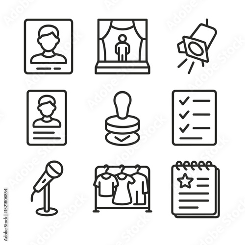Casting Icons Set. Outline icon set of casting and talent discussion: headshot photo, audition stage, spotlight, resume sheet,