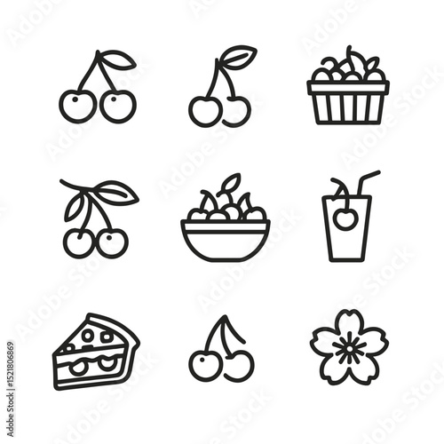 Cherries Icon Set. Outline icon set of falling cherries: cherry pair, stem, leaf, fruit basket, branch, bowl, smoothie glass, pie