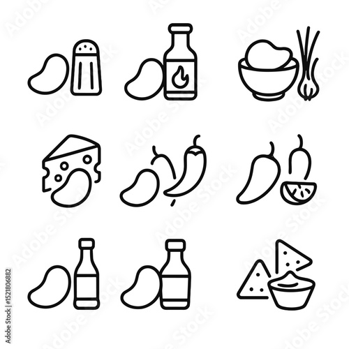 Chip Flavor Icons. Outline icon set of chip flavors and seasonings: salted, barbecue, sour cream & onion, cheddar cheese, chili