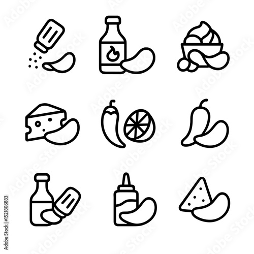 Chip Flavor Icons. Outline icon set of chip flavors and seasonings: salted, barbecue, sour cream & onion, cheddar cheese, chili