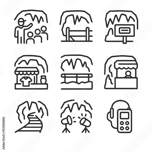 Cave Tourism Icons. Outline icon set of cave tourism attractions: guided group, safety rail, info board, souvenir shop, viewing