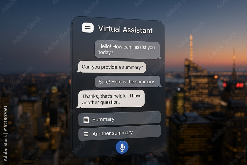 Obraz premium Augmented Reality Virtual Assistant Interface with Chat Bubbles over City Skyline – AI Technology Concept