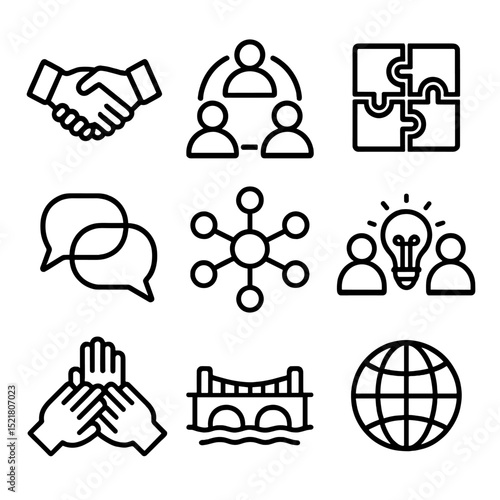 Collaboration Icon Set. Outline icon set of collaboration growth: handshake, team circle, puzzle pieces, chat bubbles, network