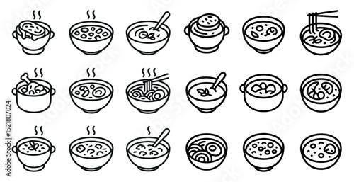 Variety of soup and noodle bowl icons for culinary design projects