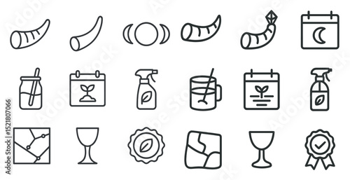 Minimalistic icon set featuring horns, calendars, and herbal drinks