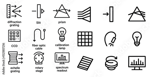 Optical instruments and components icons for science and technology design