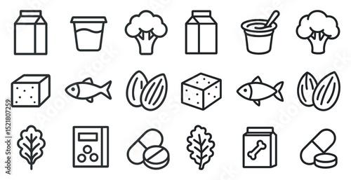 Outline icons of food and supplements for healthy lifestyle design
