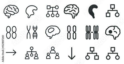 Collection of science and technology icons featuring brain and genetics symbols