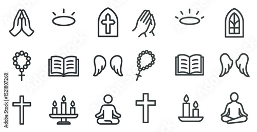 Spiritual symbols set featuring cross, praying hands, and meditation icons