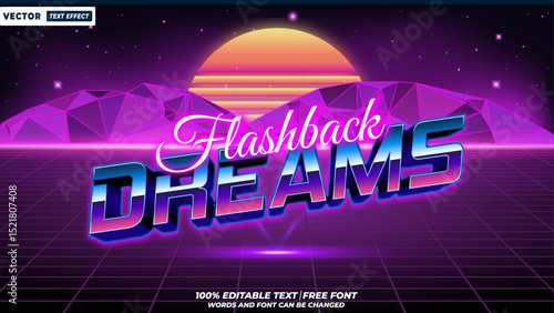 Flashback dreams 80s retro 3d editable vector text effect. 80s synthwave, neon vaporwave, chrome glitch, and futuristic nostalgia typography style for digital design.