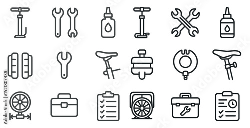 Bicycle repair tools and accessories icon set for maintenance and diy projects