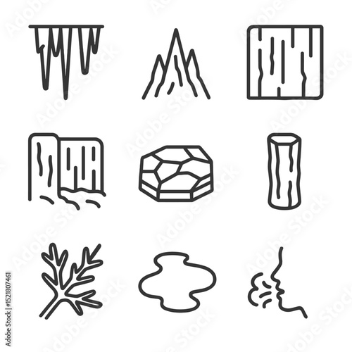 Ice Cave Icon Set. Outline icon set of ice cave features: ice stalactite, ice stalagmite, blue ice wall, frozen waterfall, glacial