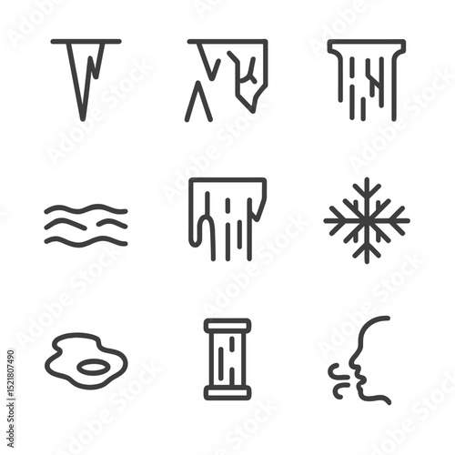 Ice Cave Icon Set. Outline icon set of ice cave features: ice stalactite, ice stalagmite, blue ice wall, frozen waterfall, glacial