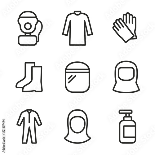 ICU Equipment Icons. Outline icon set of ICU protective equipment: powered air-purifying respirator (PAPR), chemical-resistant