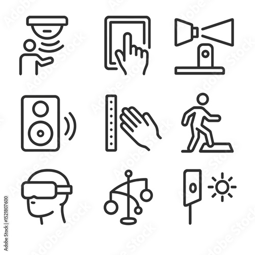 Interactive Art Icons Grid. Outline icon set of interactive art installations: motion sensor, touch screen, projector beam,