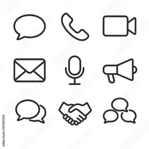 Communication Icons Set. Outline icon set of effective communication trust: chat bubble, phone receiver, video call icon, envelope