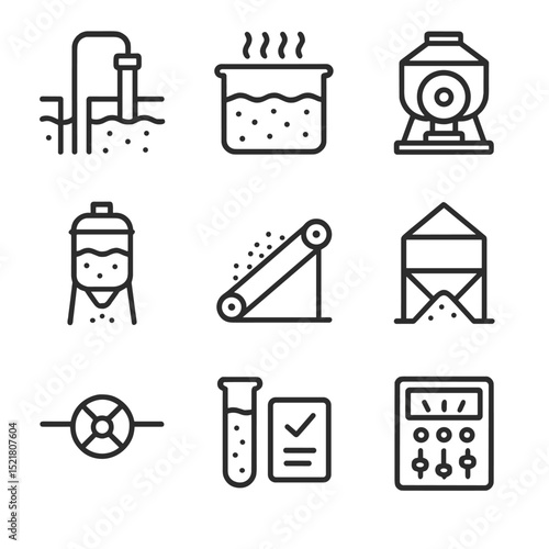 Industrial Salt Icon Set. Outline icon set of industrial salt production: brine well, evaporator tank, centrifuge, filtration unit